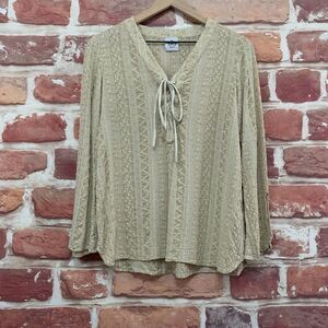 SW3 Bespoke Top Shirt Women's Small Tan White Boho Floral Abstract Lace Up Neck